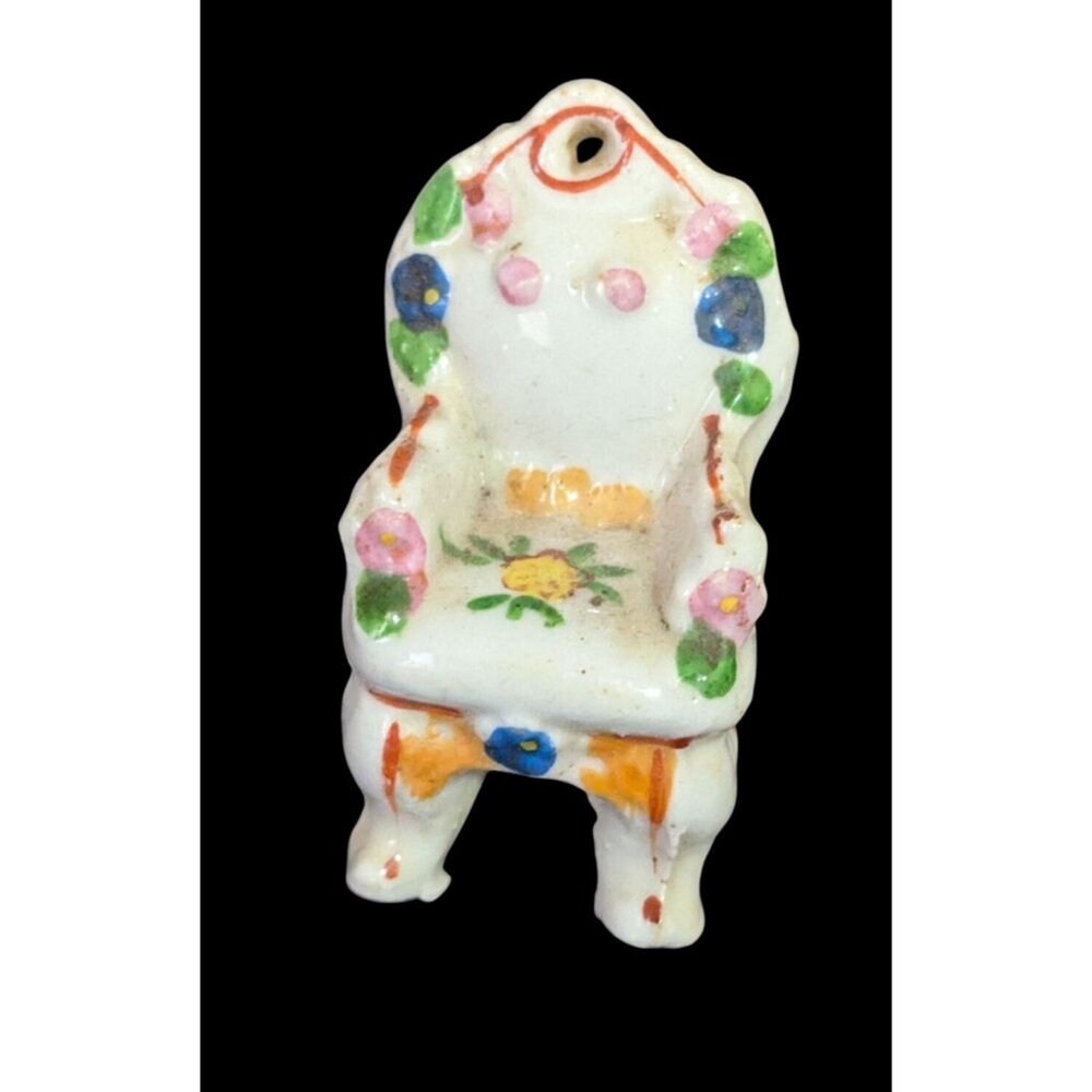 Mini Porcelain dollhouse Chair  floral accents  2.5"‎  white green yellow